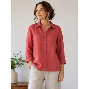 Units Womens Vintage Coral 100% Linen Button-Up Shirt XL‎ Petite